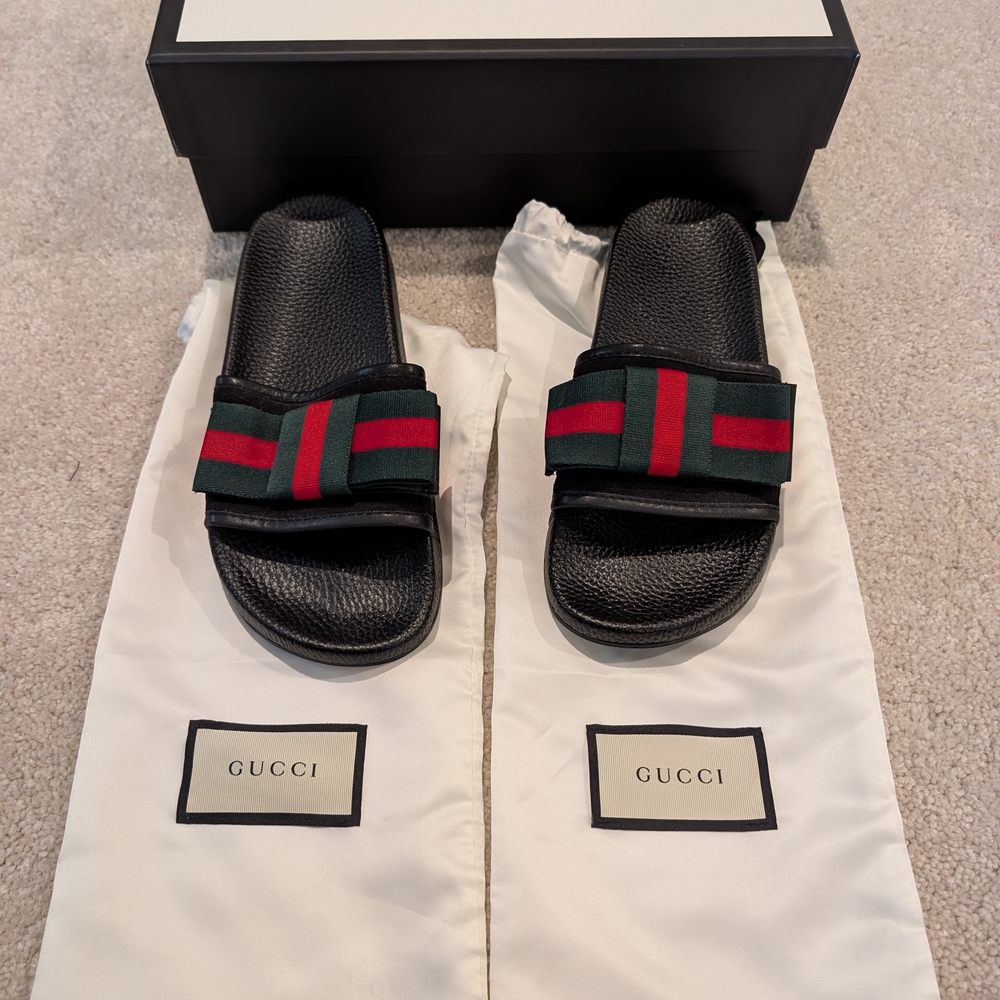 Gucci Black Slides with Red and Green Stripes